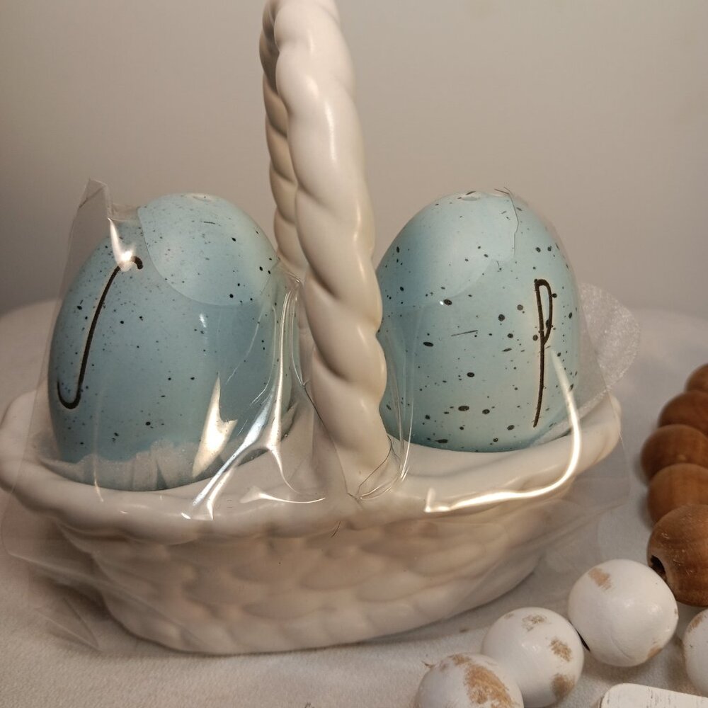 Rae Dunn Blue Speckled Egg Salt Pepper Set Easter Basket Decor